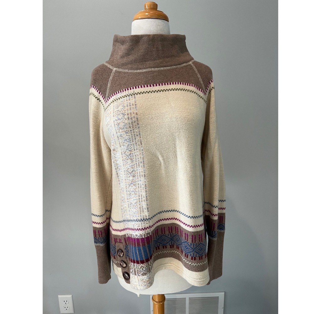 Orvis Womens Funnel Neck Fair Isle‎ Sweater Beige Brown Wool Cashmere Blend M